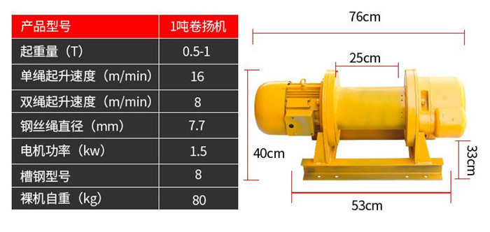 1噸小型卷揚(yáng)機(jī)參數(shù)